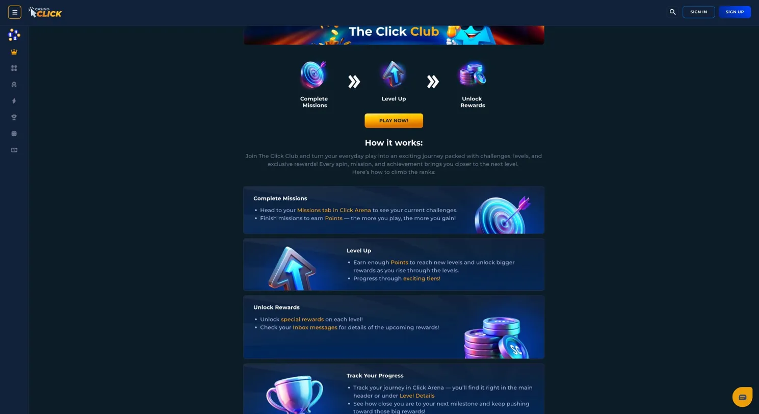 Casino Click Wisconsin Click Club — missions levels and rewards for Wisconsin social casino players